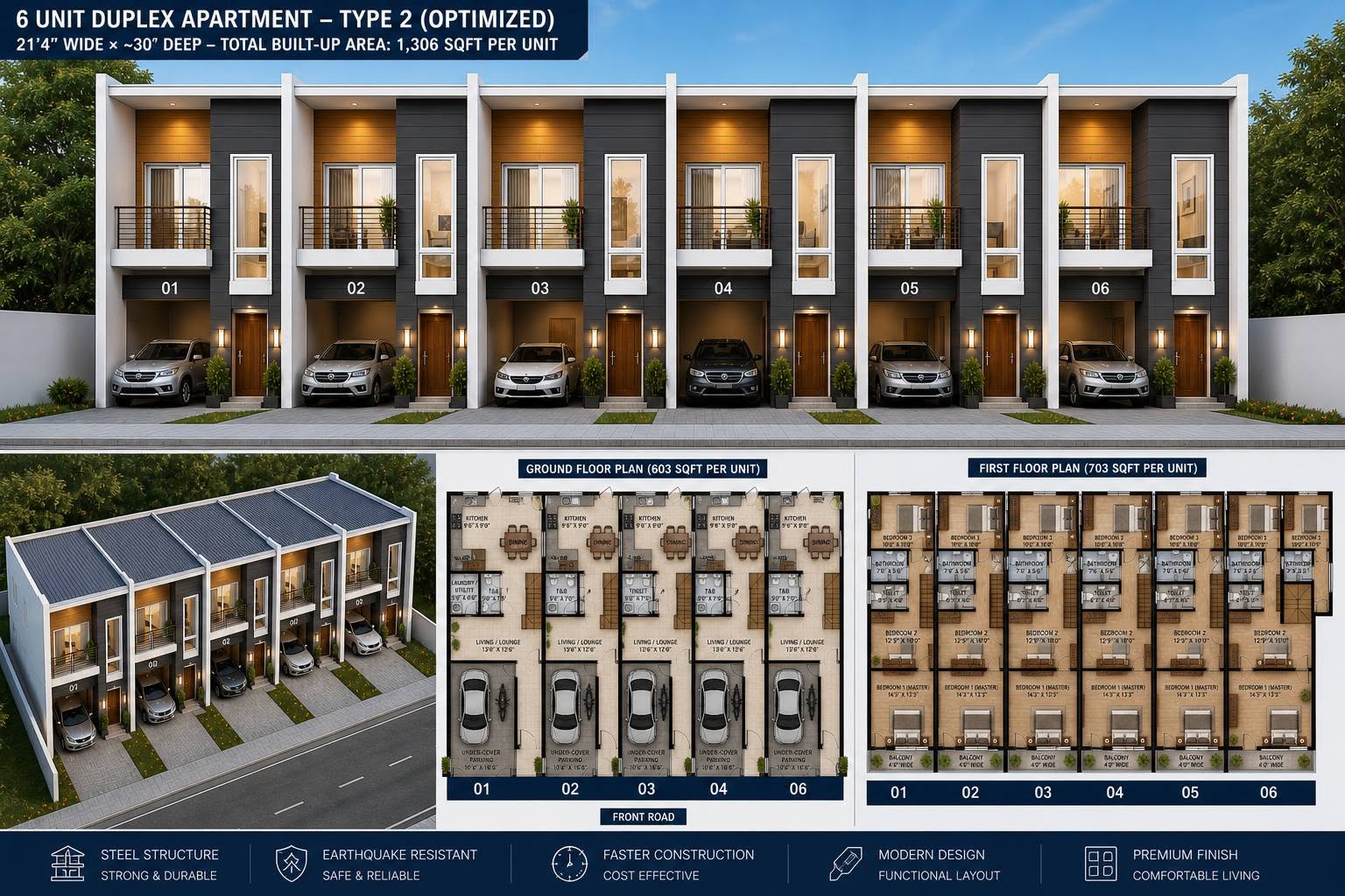 6-Unit Duplex Apartment — Type 2 (Optimized)